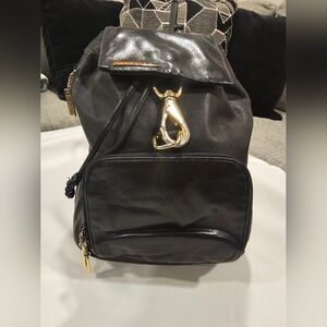 vintage PERLINA Black Leather Backpack with Gold Accents